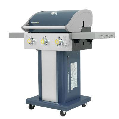 Perma 3-Burner Compact Propane Gas Grill w/ Foldable Side Tables & Grilling Tool Hooks Cast Iron/ in Blue | 45.1 H x 51.2 W x 24.1 D in | Wayfair