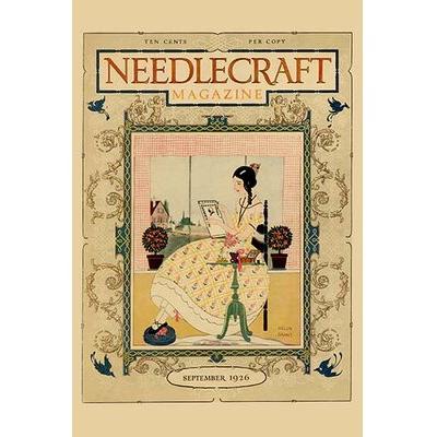Buyenlarge 'Victorian Girl Does Needlepoint Portrait' by Needlecraft Magazine Painting Print in Yellow | 36 H x 24 W x 1.5 D in | Wayfair
