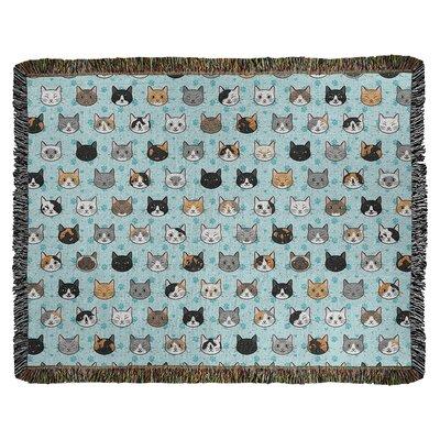 Ebern Designs Kitterman Kitty Cat Woven Cotton Blanket Cotton in Green/Blue | 60 W in | Wayfair 55E411AEB81A4C7995BFE70B5FFEBA7D