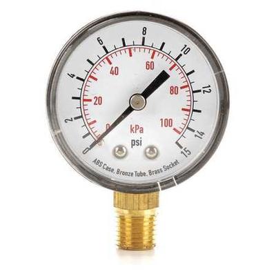 ZORO SELECT 4FLT7 Pressure Gauge, Commercial, 0 to 15 psi, 2 in Dial, 1/4 in