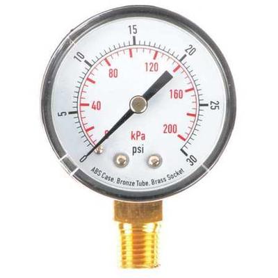 ZORO SELECT 4FLT8 Pressure Gauge, Commercial, 0 to 30 psi, 2 in Dial, 1/4 in
